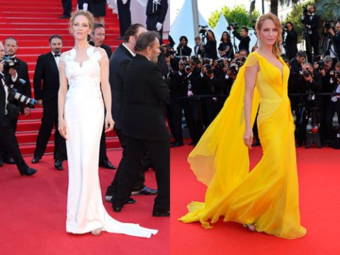 <p>The Kill Bill star looked amazing in vibrant yellow Atelier Versace at the Clouds of Sils Maria pairing the chiffon flowing gown with Chopard earrings and a messy braided up-do. Her Marchesa ivory white gown was equally as enchanting - a more fitted dress, the sheer panelling detail across the shoulders and back was gorgeous.</p>
<p><a href="http://www.cosmopolitan.co.uk/fashion/shopping/this-week-best-dressed-12-may" target="_blank">BEST DRESSED OF THE WEEK: BLAKE LIVELY, ANGELINA AND MORE</a></p>
<p><a href="http://www.cosmopolitan.co.uk/fashion/shopping/celebs-looking-amazing-in-leather-trousers" target="_blank">HOW TO WEAR LEATHER TROUSERS</a></p>
<p><a href="http://www.cosmopolitan.co.uk/fashion/shopping/15-times-caroline-flack-looked-amazing" target="_blank">15 TIMES CAROLINE FLACK LOOKED AMAZING</a></p>