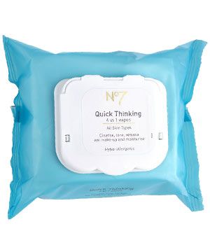 <strong>NO7 QUICK THINKING 4 IN 1 WIPES, £6 FOR 30</strong><br /><br />•  Contain witch hazel and fennel to clear pores and remove eye makeup.<br /><br /><strong>COSMO'S VERDICT: </strong><br />"The clever plastic seal stops wipes drying out and the hypo-allergenic formula is great for sensitive skin."<br />7/10