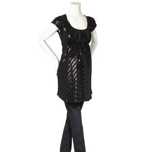 <p>Flowing smock tops in metallic tones are easy to wear and glamorous, perfect for showcasing that pregnancy bloom, while blouson knitted tunics are both flattering and fashionable.</p><p>Black sequin stripe tunic £35</p><p>Rinse wash skinny jean £20</p><p>High heel peep-toe with ankle strap £25 </p>