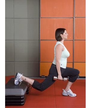 <p>Begin with the ball of your right foot on a step behind you, with your left foot in front of you and a weight in your  right hand. Keeping your hips straight and your chest up, push your left knee forward over your toes, before returning to the start position. </p>
