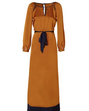 Brown, Yellow, Sleeve, Shoulder, Dress, Textile, Standing, Orange, One-piece garment, Formal wear, 