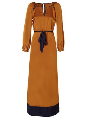 Brown, Yellow, Sleeve, Shoulder, Dress, Textile, Standing, Orange, One-piece garment, Formal wear, 
