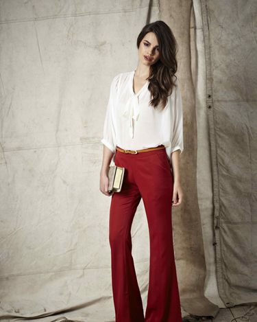 <p>Rock the 70s look by teaming these amazing red flares with a pussybow blouse. Add a pair of killer heels to finish the look</p><p>Bobbie heels £30, Sinia top £18, Nila trousers £20 Kara bag £25</p><p><a href=" http://www.boohoo.com/new-in/nila-flared-leg-stretch-trousers/invt/azz72829">boohoo.com</a></p>