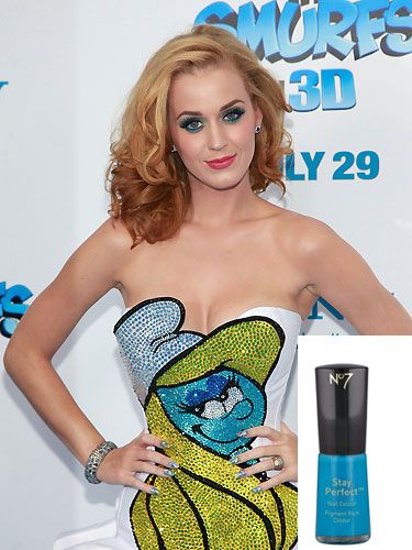 <p>Katy Perry gives a nod to the Smurfs. Try No.7 Stay Perfect Nail Colour in Stand Back, £7, <a href="http://www.boots.com" target="_blank">boots.com</a>, for a more grown-up rendition of Smurf blue<br /><br /></p>