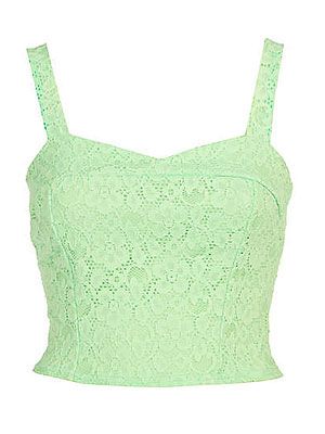 <p>OK girls, it'd time to get your head around flashing a bit of flesh in the midriff area as bralets are having a moment. Wear with a high-waisted pencil skirt and a blazer over the top to spare your modesty whilst earning full fashion points.</p>
<p><br />Green lace bralet, £18, <a title="River Island" href="http://www.riverisland.com/Online/women/tops/going-out-tops/light-green-lace-cross-back-bralet-620042" target="_blank">River Island</a></p>