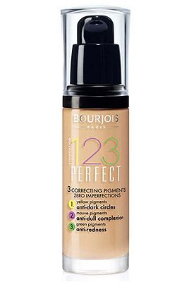 <p>123 Perfect liquid foundation by Bourjois is NEW generation, meaning you can say buh-bye to dark circles and dullness, thanks to its nifty innovative formula. Containing three colour corrective pigments – yellow (concealing), mauve (radiance boosting) and green (for anti-redness), you can cheat your way to perfect looking skin. Hurrah!</p>
<p>123 Perfect Foubdation, £10.99, <a title="Bourjois.co.uk" href="http://www.bourjois.co.uk" target="_blank">Bourjois</a></p>