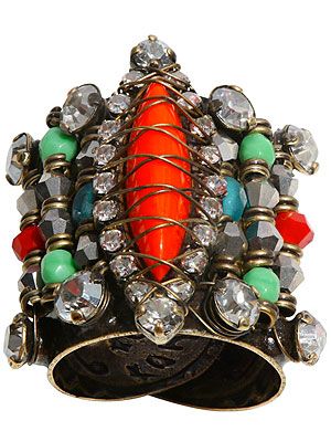 <p>If you're buying a new knuckle-duster, make it this ethnic inspired style. Hand woven from wire with multi coloured satin glass beads set in bronze, you can make out like you picked it up on your Gap Yah.</p>
<p>India Africa multi coloured satin glass ring, £58, <a title="Alexandra May" href="http://www.alexandramay.com/shop/india-africa-multi-coloured-satin-glass-ring/" target="_blank">Alexandra May</a></p>