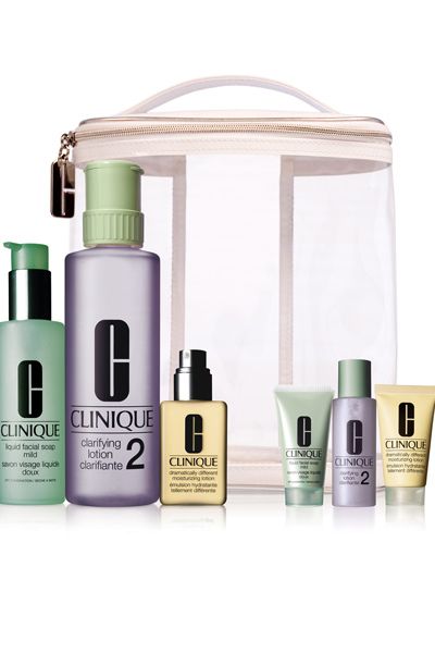 <p>Treat the travelling beauty babe to this skincare set.  She'll never be without her fave face-care products as this collection contains big bottles for the bathroom shelf and baby bottles to cram in her case. Each set contains large and miniature bottles of custom fit 3 Step: Liquid Facial Soap, Clarifying Lotion, Dramatically Different Moisturising Lotion and a travel case.<br /><br />Get it now at <a target="_blank" href="http://www.clinque.co.uk">www.clinque.co.uk</a><br /><br />  </p>