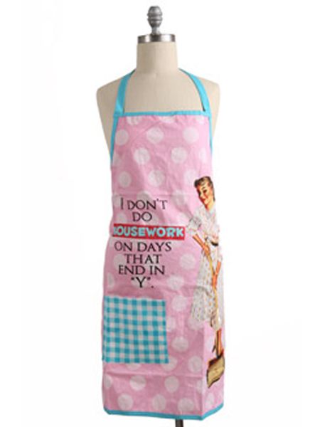 Give the reluctant cleaner something to smile about with this tounge-in-cheek pinnie. Giant pink polka dots and a blue gingham pocket would have made this apron a 1950s housewife's staple was it not for the naughties twist: telling it like it is. Get it at <a target="_blank" href="http://www.urbanoutfitters.co.uk">www.urbanoutfitters.co.uk</a><br /><br />