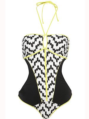 <p>Here's some swimwear that won't scare you. In fact, it made us go, 'zig-a-zag-ahhh!' In flattering black and white with a zingy fluro trim, this one piece is a holiday must-have.<br /><br />Zig-zag one piece, £35, <a title="http://www.topshop.com/webapp/wcs/stores/servlet/ProductDisplay?beginIndex=0&viewAllFlag=&catalogId=33057&storeId=12556&productId=5852446&langId=-1&sort_field=Relevance&categoryId=277012&parent_categoryId=208491&pageSize=200" href="http://www.topshop.com/webapp/wcs/stores/servlet/ProductDisplay?beginIndex=0&viewAllFlag=&catalogId=33057&storeId=12556&productId=5852446&langId=-1&sort_field=Relevance&categoryId=277012&parent_categoryId=208491&pageSize=200" target="_blank">Topshop</a><br /><br /></p>