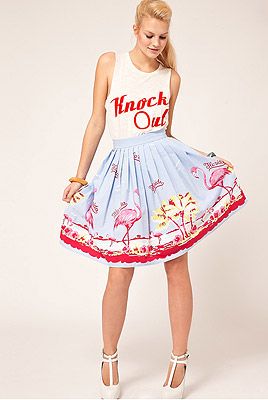 <p>Flirt with flamingo fashion in this swishy retro-inspired fit and flare skirt from Asos.</p>
<p>Full Skirt in Flamingo Print, £26.50, <a title="Asos.com" href="http://www.asos.com/ASOS/ASOS-Full-Skirt-in-Flamingo-Print/Prod/pgeproduct.aspx?iid=2095717&SearchQuery=flamingo&Rf-700=1000&sh=0&pge=0&pgesize=-1&sort=-1&clr=Print%20" target="_blank">Asos</a></p>