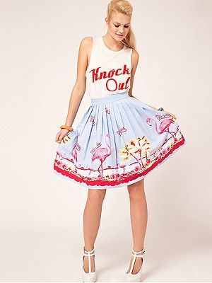 <p>Flirt with flamingo fashion in this swishy retro-inspired fit and flare skirt from Asos.</p>
<p>Full Skirt in Flamingo Print, £26.50, <a title="Asos.com" href="http://www.asos.com/ASOS/ASOS-Full-Skirt-in-Flamingo-Print/Prod/pgeproduct.aspx?iid=2095717&SearchQuery=flamingo&Rf-700=1000&sh=0&pge=0&pgesize=-1&sort=-1&clr=Print%20" target="_blank">Asos</a></p>