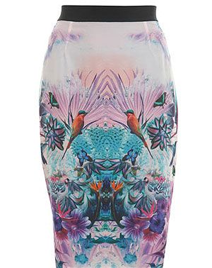 <p>This bird print pencil skirt is the perfect day-to-evening wear. Pair with a simple white tee and ballet pumps for a sophisticated day look, then swap the pumps for some killer heels to dance the night away.</p>
<p>Bird pencil skirt, £46, <a title="Miss Selfridge" href="http://www.missselfridge.com/webapp/wcs/stores/servlet/ProductDisplay?beginIndex=0&viewAllFlag=&catalogId=33055&storeId=12554&productId=5818492&langId=-1&sort_field=Relevance&categoryId=208023&parent_categoryId=208022&pageSize=200" target="_blank">Miss Selfridge</a></p>