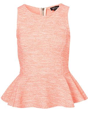 <p>Ever since Kate Middleton wore a peplum frock, the high street has gone mad - call it the KMiddy effect. We're lusting over this peplum peach top from Toppers - it's so darling<br /><br />Peplum top, £25, <a title="http://www.topshop.com/webapp/wcs/stores/servlet/ProductDisplay?beginIndex=201&viewAllFlag=&catalogId=33057&storeId=12556&productId=6168307&langId=-1&sort_field=Relevance&categoryId=277012&parent_categoryId=208491&pageSize=200" href="http://www.topshop.com/webapp/wcs/stores/servlet/ProductDisplay?beginIndex=201&viewAllFlag=&catalogId=33057&storeId=12556&productId=6168307&langId=-1&sort_field=Relevance&categoryId=277012&parent_categoryId=208491&pageSize=200" target="_blank">Topshop</a><br /><br /></p>