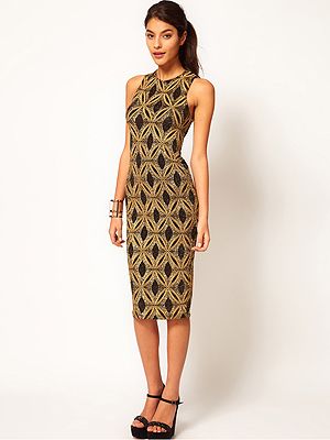 <p>Sound the style steal klaxon! We love this ritzy-glitzy dress from Asos. The demure knee length combined with sexy cut away back make it super versatile for day or night - ideal for party season!</p>
<p>Bodycon Dress in Baroque Glitter Print, £32 (from £40), <a href="http://www.asos.com/ASOS/ASOS-Bodycon-Dress-in-Baroque-Glitter-Print/Prod/pgeproduct.aspx?iid=2333484" target="_blank">Asos.com </a></p>