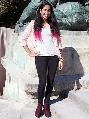 <p><em>Student</em></p>
<p>Check out the hot-pink tips on Yasmine's hair at Paris Fashion Week! She matched with a baby pink cardigan from Zara, black skinny jeans and boots from Cotton On. Nothing beats this casually cool ensemble! This is definitely an outfit we fancy wearing day-to-day.</p>