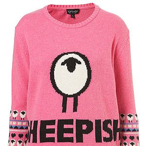 <p>It's wool week and trust Toppers to come up trumps. They collaborated with Kingston University to find a star knitwear student to create two unique designs - including this one. It's baaaah-rilliant!</p>
<p>Knitted sheepish motif jumper, £48, <a title="http://www.topshop.com/webapp/wcs/stores/servlet/ProductDisplay?beginIndex=0&viewAllFlag=&catalogId=33057&storeId=12556&productId=7603246&langId=-1&categoryId=&searchTerm=wool%20week&pageSize=20" href="http://www.topshop.com/webapp/wcs/stores/servlet/ProductDisplay?beginIndex=0&viewAllFlag=&catalogId=33057&storeId=12556&productId=7603246&langId=-1&categoryId=&searchTerm=wool%20week&pageSize=20" target="_blank">Topshop</a><br /><br /></p>