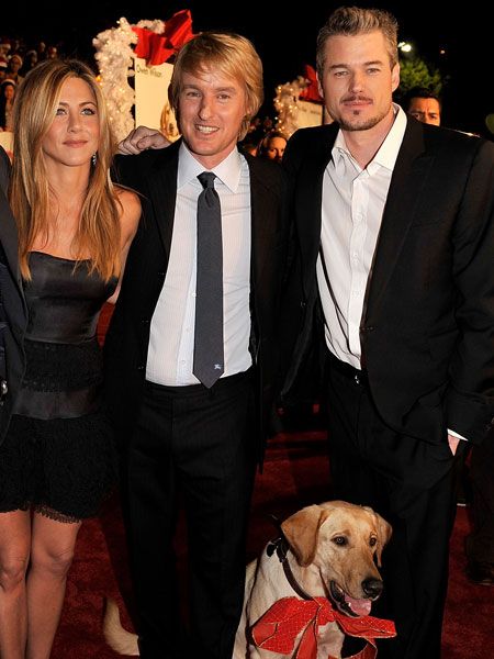 With his <em>Marley & Me</em> co-stars, Jennifer Aniston and Owen Wilson, Eric smoulders for the paps on the red rug. Is he Hollywood's newest hottie?  <br />
