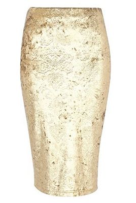 <p>Velvet, baroque and gold? Wow, we're good to you.<br /> <br /> Pencil skirt, £25, <a href="http://www.riverisland.com/women/skirts/tube--pencil-skirts/gold-baroque-velvet-pencil-skirt-625930" target="_blank">River Island</a></p>