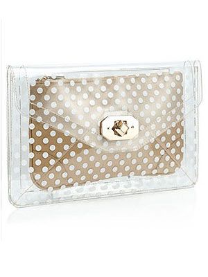 <p>Want a bag that'll instantly update your look? This Accessorize clutch is bang on trend with its transparent envelope with a polka dot clutch inside so your belongings are safe from prying eyes.</p>
<p>Dotty Perspex Clutch, £29, <a href="http://uk.accessorize.com/view/product/uk_catalog/acc_1,acc_1.1/3892202100" target="_blank">Accessorize</a></p>