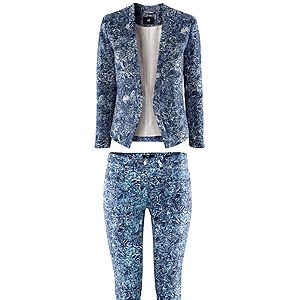 <p>H&M have been inventive with the blue hue in creating a wild printed blazer and skinny jeans. Wear it top to toe with just a simple white vest and a navy court shoe or go super casual with sneakers and a baseball cap. Either way it's a rocking suit and a great price-point.</p>
<p>H&M <a href="http://www.hm.com/gb/product/09214?article=09214-B#cm_vc=GOES_WITH_PD" target="_blank">textured jacket</a> £29.99 & <a href="http://www.hm.com/gb/product/09214?article=09214-B#cm_vc=GOES_WITH_PD" target="_blank">matching jeans</a> £14.99</p>