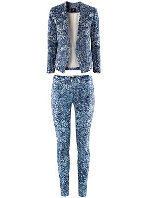 <p>H&M have been inventive with the blue hue in creating a wild printed blazer and skinny jeans. Wear it top to toe with just a simple white vest and a navy court shoe or go super casual with sneakers and a baseball cap. Either way it's a rocking suit and a great price-point.</p>
<p>H&M <a href="http://www.hm.com/gb/product/09214?article=09214-B#cm_vc=GOES_WITH_PD" target="_blank">textured jacket</a> £29.99 & <a href="http://www.hm.com/gb/product/09214?article=09214-B#cm_vc=GOES_WITH_PD" target="_blank">matching jeans</a> £14.99</p>