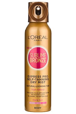 <p>Wondered what Cheryl Cole wears in her campaign shots for Sublime Bronze? Well, this is it and if you can take a darker shade of golden like the L'Oreal girl, it couldn't be easier than with this dry spray. It has a super-wide diffuser and doesn't even require rubbing in – mist it on and wait for your glow to show.  <br /> <br />L'Oreal Paris Sublime Bronze Express Pro Self-Tanning Dry Mist Dark Tan, £15.49, <a href="http://www.loreal-paris.co.uk/self-tan/sublime-bronze/express-pro-self-tanning-dry-mist/dark-tan.aspx" target="_blank">loreal-paris.co.uk</a></p>