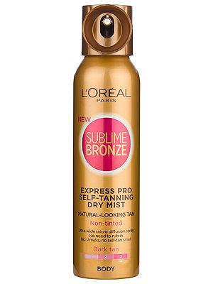 <p>Wondered what Cheryl Cole wears in her campaign shots for Sublime Bronze? Well, this is it and if you can take a darker shade of golden like the L'Oreal girl, it couldn't be easier than with this dry spray. It has a super-wide diffuser and doesn't even require rubbing in – mist it on and wait for your glow to show.  <br /> <br />L'Oreal Paris Sublime Bronze Express Pro Self-Tanning Dry Mist Dark Tan, £15.49, <a href="http://www.loreal-paris.co.uk/self-tan/sublime-bronze/express-pro-self-tanning-dry-mist/dark-tan.aspx" target="_blank">loreal-paris.co.uk</a></p>
