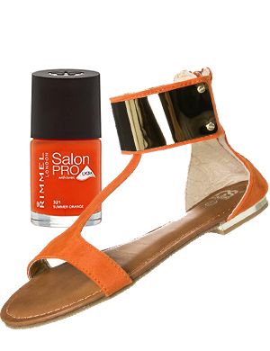 <p>Tasty tangerine is trending this season and we think it's the hottest hue for your toes. Slick this gel-shine effect orange on and double the impact with some matching summer sandals.<br /><br />Rimmel Salon Pro Summer Orange, £4.49, <a href="http://www.superdrug.com/nails/rimmel-new-salon-pro-summer-orange-orange/invt/643365" target="_blank">Superdrug</a>  and Cassis côte d'azur sandals, £46, <a href="http://www.zalando.co.uk/cassis-cote-d-azur-resli-sandals-orange-c4011b025-205.html" target="_blank">Zalando </a></p>