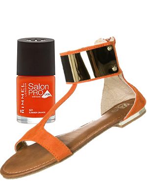 <p>Tasty tangerine is trending this season and we think it's the hottest hue for your toes. Slick this gel-shine effect orange on and double the impact with some matching summer sandals.<br /><br />Rimmel Salon Pro Summer Orange, £4.49, <a href="http://www.superdrug.com/nails/rimmel-new-salon-pro-summer-orange-orange/invt/643365" target="_blank">Superdrug</a>  and Cassis côte d'azur sandals, £46, <a href="http://www.zalando.co.uk/cassis-cote-d-azur-resli-sandals-orange-c4011b025-205.html" target="_blank">Zalando </a></p>