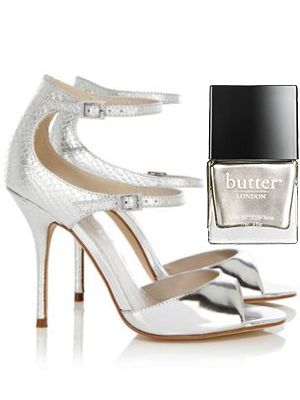 <p>Metallic nails are still major. We love Butter London' sexy silver and would toe-tes show off our luxe pedicure in these killer strappy sandals.<br /><br />Butter London nail lacquer in Bobby Dazzler, £13, <a href="http://www.butterlondon.com/bobby-dazzler-nail-lacquer" target="_blank">butter London</a> and Karen Millen sandals, £125, <a href="http://www.houseoffraser.co.uk/Karen+Millen+Metallic+collection+sandals/183530881,default,pd.html" target="_blank">House of Fraser </a></p>