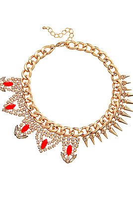 <p>Can't decide between punky spikes or baroque diamante? No need to with this mixed up necklace. One half diamante and gold studs, one half red faceted jewels and diamante, it's genius in jewellery. Clever Asos.</p>
<p>Necklace, £40, <a href="http://www.asos.com/ASOS/ASOS-Mix-It-Necklace/Prod/pgeproduct.aspx?iid=2972690&cid=4175&sh=0&pge=0&pgesize=204&sort=-1&clr=Orange" target="_blank">Asos</a></p>