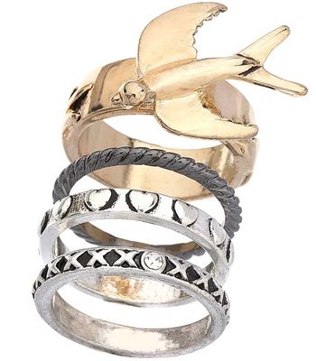Rings are huge at the moment, think Phoebe in 'Friends' and stack on as many as you can, voila!<br /><br />£7, <a target="_blank" href="http://www.topshop.com/webapp/wcs/stores/servlet/ProductDisplay?beginIndex=0&viewAllFlag=true&catalogId=19551&storeId=12556&categoryId=59926&parent_category_rn=42317&productId=1351232&langId=-1">www.topshop.com</a><br /><br /><br /><br />