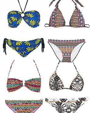 <p>Go tribal this summer with the plethora of African and Ikat print bikinis on the high street. Don't be afraid to be bold with colours and patterns or go with earthy colour, and whatever you do, mixing prints is a MUST. A dash of red lippie and wooden bangles will accentuate the look.</p>
<p>Left to right:</p>
<p>Bue bikini, £35, <a href="http://www.fashion-conscience.com/clothing/swimwear/hava-fair-trade-african-print-bikini-4.html" target="_blank">Fashion Conscience<br /></a>Pink & yellow, top, £22, bottom, £15, <a href="http://womensecret.com/en/shop/swimwear/ethnic/triangle-bikini-5989213" target="_blank">Women's Secret<br /></a>Red & blue, <a href="http://www.newlook.com/shop/womens/swimwear/pink-aztec-animal-bandeau-bikini-top_276819699" target="_blank">top</a>, £12.99, <a href="http://www.newlook.com/shop/womens/swimwear/multicoloured-tribal-print-ring-side-bikini-bottoms-_276825599" target="_blank">bottom</a>, £9.99, New Look<br />Ikat print top, £14, bottom, £11.20, <a href="http://www.marksandspencer.com/Limited-Collection-Halterneck-Aztec-Bikini/dp/B004LUZEVU?ie=UTF8&ref=sr_1_18&nodeId=43168030&sr=1-18&qid=1370965466" target="_blank">M&S</a></p>