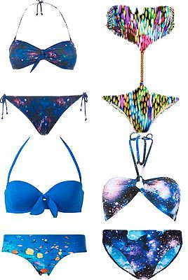<p>Digital prints is a favourite with designers like Alexander McQueen and Peter Pilotto, and if it's good enough for the catwalk, it's good enough for our holidays we say. Make sure all eyes are on you with galaxy, underwater or painted dot designs.</p>
<p>Galaxy bikini, £7, Primark<br />Cut-out swimsuit, £189, <a href="http://www.pistolpanties.com/all/tatiana-painting-dots-4243.html" target="_blank">Pistol Panties<br /></a>Galaxy bikini <a href="http://www.newlook.com/shop/womens/swimwear/navy-cosmic-print-bandeau-bikini-top_269707949" target="_blank">top</a>, £14.99, <a href="http://www.newlook.com/shop/womens/swimwear/navy-cosmic-print-bikini-bottoms_269711249" target="_blank">bottoms</a>, £9.99, New Look<br />Fish print bikini, in-store at Calzedonia</p>