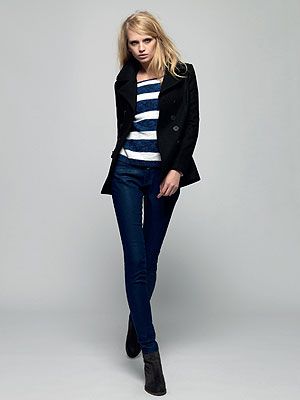 <p>Liberty Bell Peacoat, £114.99 (August) <br />Striped Icarus Knit, £44.99 (July) <br />Superskinny Denim, £44.99 (July) <br />Winter Mustang Boot, £79.99 (July)</p>