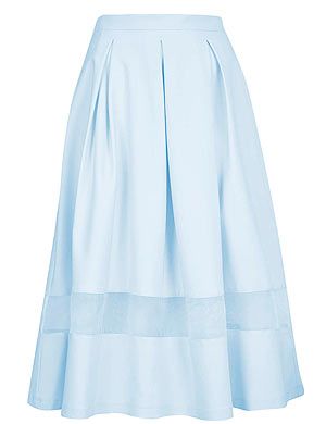 <p>For a modern take on the 50s trend pick a full skirt with mesh or organza insert. Uplift pastel shades with neon sandals and a print top.</p>
<p>Organza insert calf skirt, £48, <a href="http://www.topshop.com/en/tsuk/product/organza-insert-calf-skirt-2032260" target="_blank">Topshop</a></p>