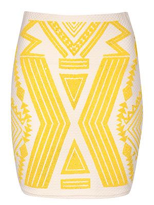 <p>Get that holiday look with a bright Aztec print mini, teamed with a denim shirt or crop top and wedges. </p>
<p>Jane Norman aztec print skirt, £20, <a href="http://www.houseoffraser.co.uk/Jane+Norman+Caviar+aztec+print+skirt/185231750,default,pd.html" target="_blank">House of Fraser</a></p>
<p> </p>