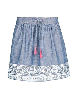 <p>Wear the denim trend the girly way with a full chambray skirt with dainty detailing like floral print or embroidered hem. Take a leaf out of Kate Bosworth's book and wear yours with tan sandals and an embroidered top.</p>
<p>Ethnic print denim skirt, £12.99, <a href="http://shop.mango.com/GB1/p0/mango/clothing/skirts/ethnic-print-denim-skirt/?id=83308671_UL&n=1&s=prendas.faldas&ie=0&m=&ts=1375971325961" target="_blank">MANGO</a></p>
<p> </p>