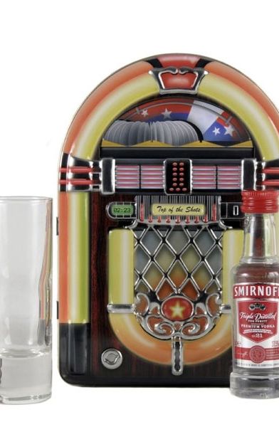 If you can't afford to let him blast out beats on a real juke box, get him this replica tin complete with Smirnoff vodka and shot glasses so he can drink instead of dance, which is probably a good thing...<br /><br /><a target="_blank" href="http://www.houseoffraser.co.uk/Vintage+Marque+Juke+box+tin/124932327,default,pd.html">www.houseoffraser.co.uk   </a>