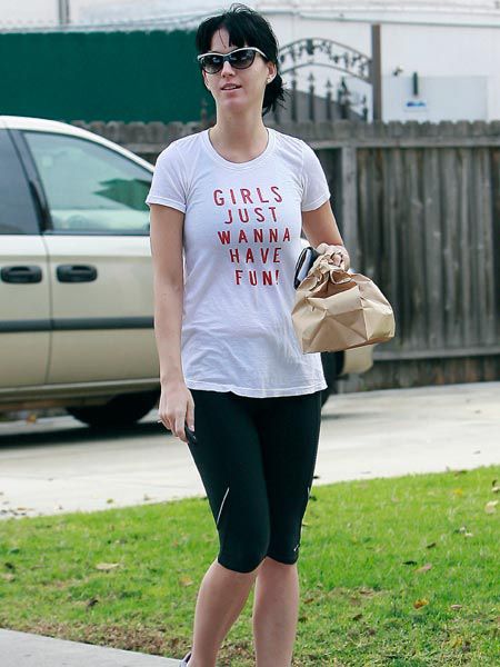 Katy Perry let her T-shirt do the talking as she left an organic coffee shop Urth Caffe in LA after a trip to the gym. And we bet she has plenty of giggles with fiancé Russell Brand...