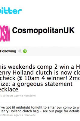 As if your daily dose of Cosmo wasn't enough to keep you smiling all week, we've gone and given you something else. On our twitter page, <a href="http://twitter.com/CosmopolitanUK">www.twitter.com/CosmopolitanUK</a> we're hosting a daily giveaway. Last week lucky reader's winnings included a Shavata brow perfection kit, H by Henry Holland clutch and new Biotherm body creams. This week there are Nicky Clarke straighteners, Models Own nail polishes and Lytess slimming leggings all up for grabs. To enter retweet our prize tweet and keep an eye on our page to see what you could be winning.