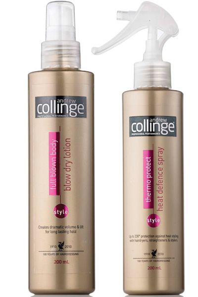 <p>Award-winning hairdresser Andrew Collinge has two fab new styling products out. The Full Blown Body Blow Dry Spray is great for getting root lift and filling out your hair, just apply it to the roots and blast upside-down with the dryer. It won't leave it crispy like some mousses can. The Thermo-Protect Heat Defence Spray is brilliant for use on the lengths and ends to protect the hair from damage. It also contains a UV filter if you're letting your tresses dry naturally in the sun.</p>

<p>Both £4.29, at Asda and Tesco</p>