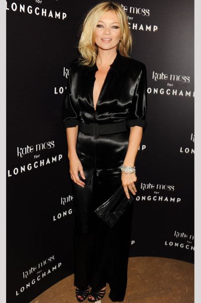 <p>Kate was the belle of the ball at the Kate Moss & Longchamp LFW party wearing a glam satin maxi dress with black strappy sandals and clutch bag</p>