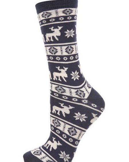 <!--[if gte mso 9]><xml>     Normal   0   0   1   20   114   1   1   140   11.773          </xml><![endif]-->If you can't face a Christmas jumper but you still want some festive fashion items, these navy moose print socks nod at the Nordic trend.<br /><br />£3.50, <a target="_blank" href="http://www.topshop.com/webapp/wcs/stores/servlet/ProductDisplay?beginIndex=0&viewAllFlag=&catalogId=33057&storeId=12556&productId=2167436&langId=-1&sort_field=Relevance&categoryId=208491&parent_categoryId=&sort_field=Relevance&pageSize=200">topshop.com</a>