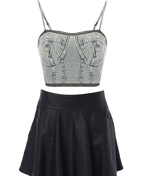 <p>Skater skirts look perfect paired with a crop top. This combo, combining leather-look and washed denim perfectly marries edgy and sexy</p>

<p>Cropped corset top, £7, George at <a target="_blank" href="http://direct.asda.com/george/women-s-clothing/g21/tops/g21-limited-edition-denim-cropped-corset/GEM45641,default,pd.html?cm_mmc=Affiliate-_-AWin-_-George-_-Deeplink">asda.com</a> </p>  <p>Skirt, £39, <a target="_blank" href="http://www.missselfridge.com/webapp/wcs/stores/servlet/ProductDisplay?beginIndex=0&viewAllFlag=&catalogId=33055&storeId=12554&productId=2136759&langId=-1&sort_field=Relevance&categoryId=208052&parent_categoryId=208035&sort_field=Relevance&pageSize=40">missselfridge.com</a> </p>