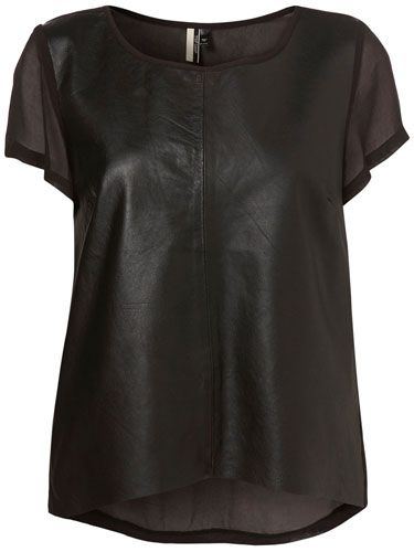 <p>A bold look for experimental fashionistas, this leather-look t-shirt with chiffon back would take on a new life when paired with bright colours</p>
<p>Black chiffon leather front tee, £45, <a href="http://www.topshop.com/webapp/wcs/stores/servlet/ProductDisplay?beginIndex=0&viewAllFlag=&catalogId=33057&storeId=12556&productId=2180494" target="blank">topshop.com</a></p>
