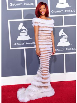 Wowing in white Ri Ri wore a trailing Jean Paul Gaultier gown. Though it barely covered her modesty it still managed to look chic