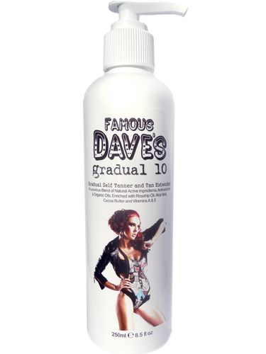 <p>Enough of looking pasty! This spring the trend in tanning is to sport a subtle glow and we've found just the product to perfect it. The new Famous Dave's Gradual 10 is a daily moisturiser with a built-in tanner than develops slowly into a steak-free golden shade. The cream is also loaded with antioxidants and natural active ingredients to delay ageing and boost your skin's texture. Result!</p> 

<p>Famous Dave's Gradual 10, £14.99, <a href="http://www.famousdave.co.uk"target="_blank">theoutnet.com</a></p>