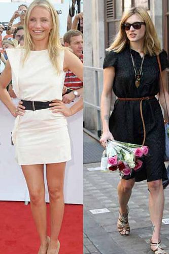 <p>Whether black or white, cinching it in is the best way to define that waist. Surfer girl Cam goes for a black belt to accent, while Fearne Cotton keeps things neutral with her thin leather belt</p>